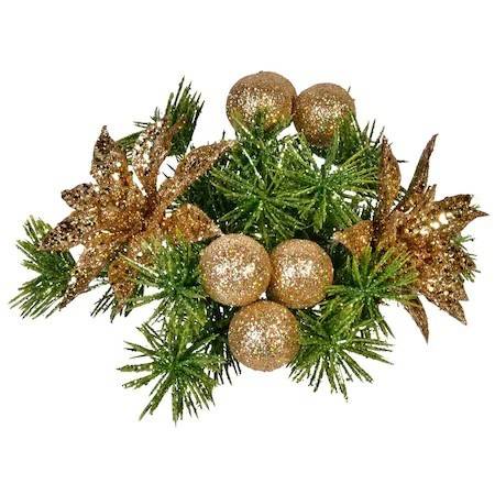Coronita decorativa pentru lumanare si pentru a crea magia sarbatorilor de iarna cu floricele aurii, 15 cm