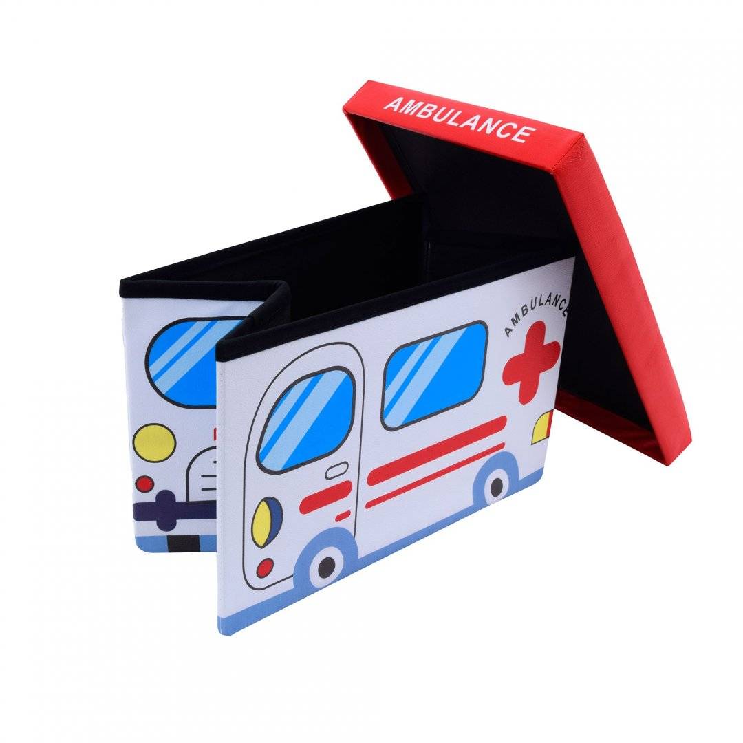 Taburet tip cub, model Ambulance ,cu spatiu depozitare, pliabil, imitatie piele, 48 x 32 x 32 cm