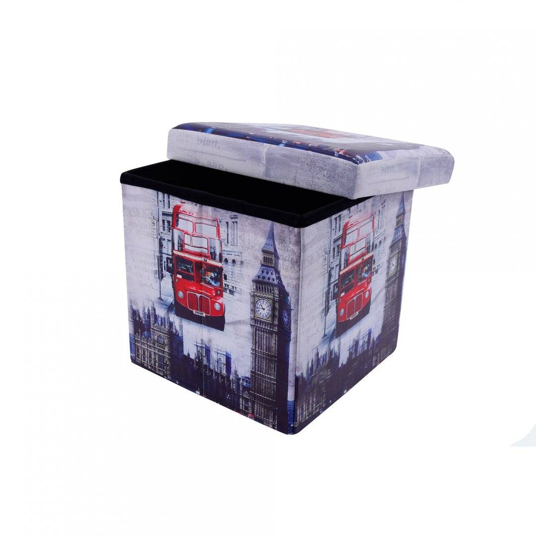 Taburet tip cub, model Big Ben cu spatiu depozitare, pliabil, imitatie piele, 38 x 38 x 38 cm