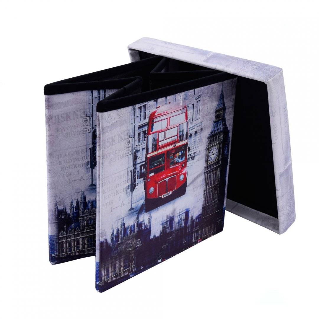 Taburet tip cub, model Big Ben cu spatiu depozitare, pliabil, imitatie piele, 38 x 38 x 38 cm