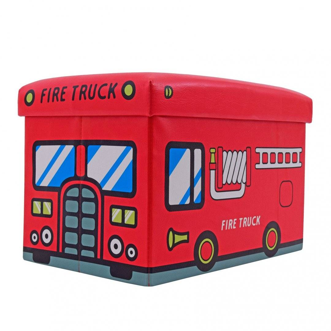 Taburet tip cub, model Fire Truck cu spatiu depozitare, pliabil, imitatie piele multicolora, 48 x 32 x 32 cm