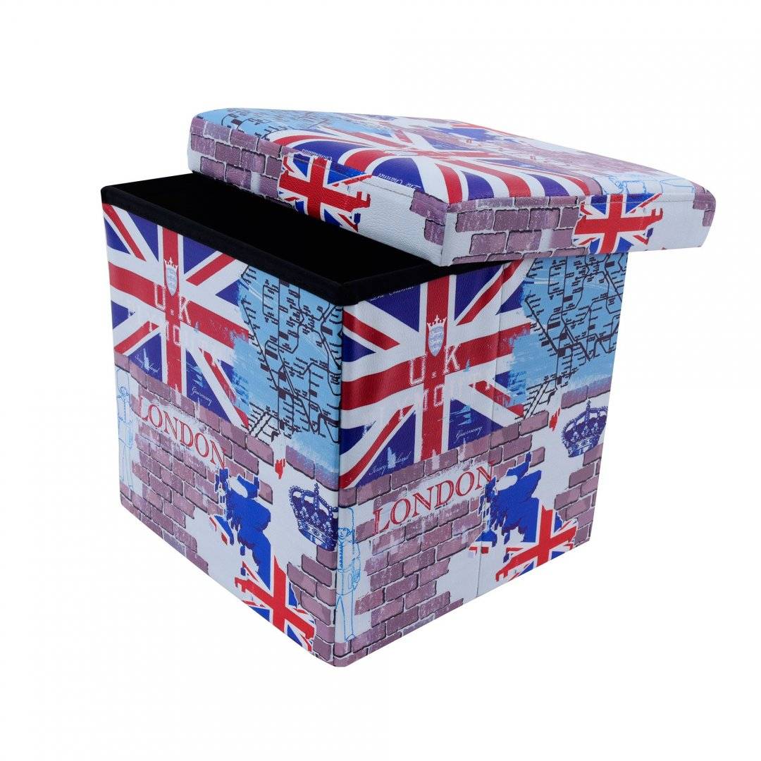 Taburet tip cub, model London, cu spatiu depozitare, pliabil, imitatie piele, 38 x 38 x 38 cm