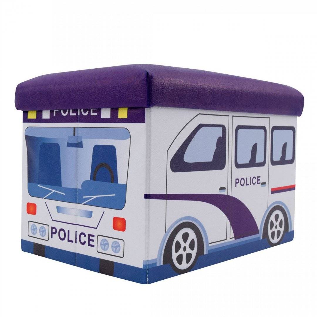 Taburet tip cub, model Police ,cu spatiu depozitare, pliabil, imitatie piele multicolora, 48 x 32 x 32 cm