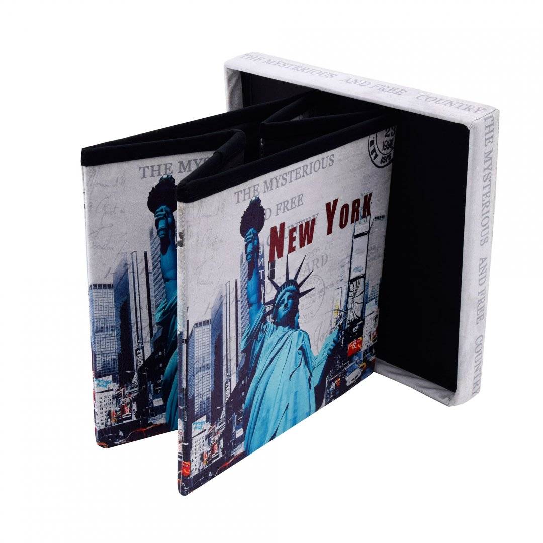 Taburet tip cub, model Statue of Liberty, cu spatiu depozitare, pliabil, imitatie piele, 38 x 38 x 38 cm