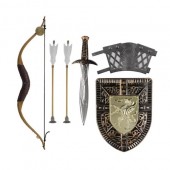Set arme de jucarie pentru copii, arc, scut, sabie si sageti, 36x58 cm
